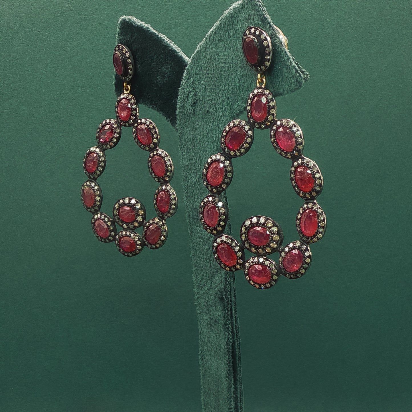 Sterling Silver Dangle Earrings with Red Ruby Cabochons