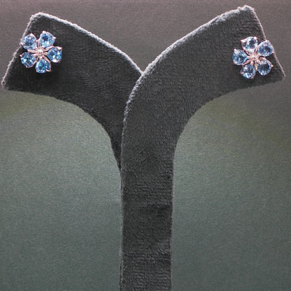 Pair of earrings with blue gemstones on a gray stand