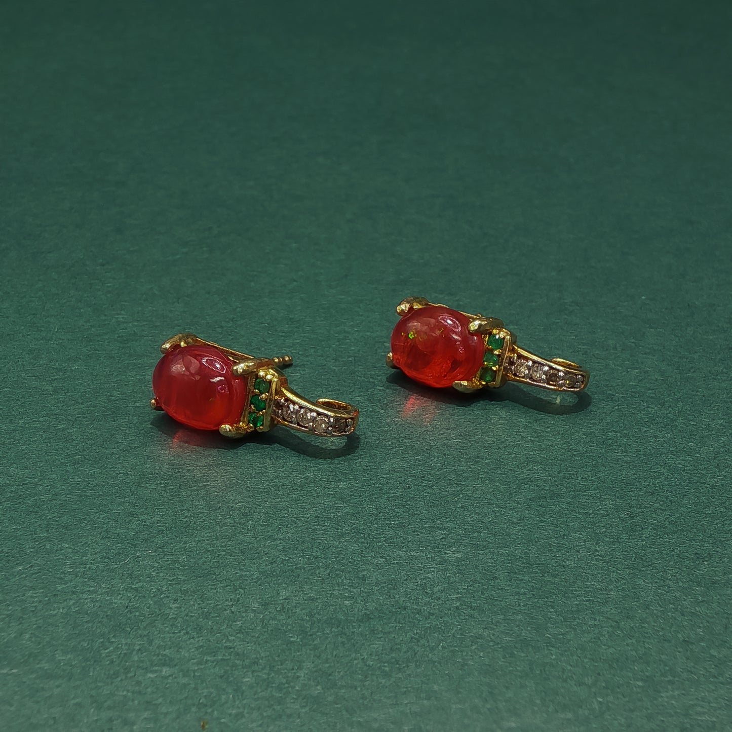 Gold Stud Earrings with Cabochon Ruby