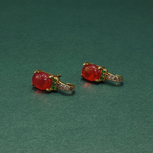 Gold Stud Earrings with Cabochon Ruby