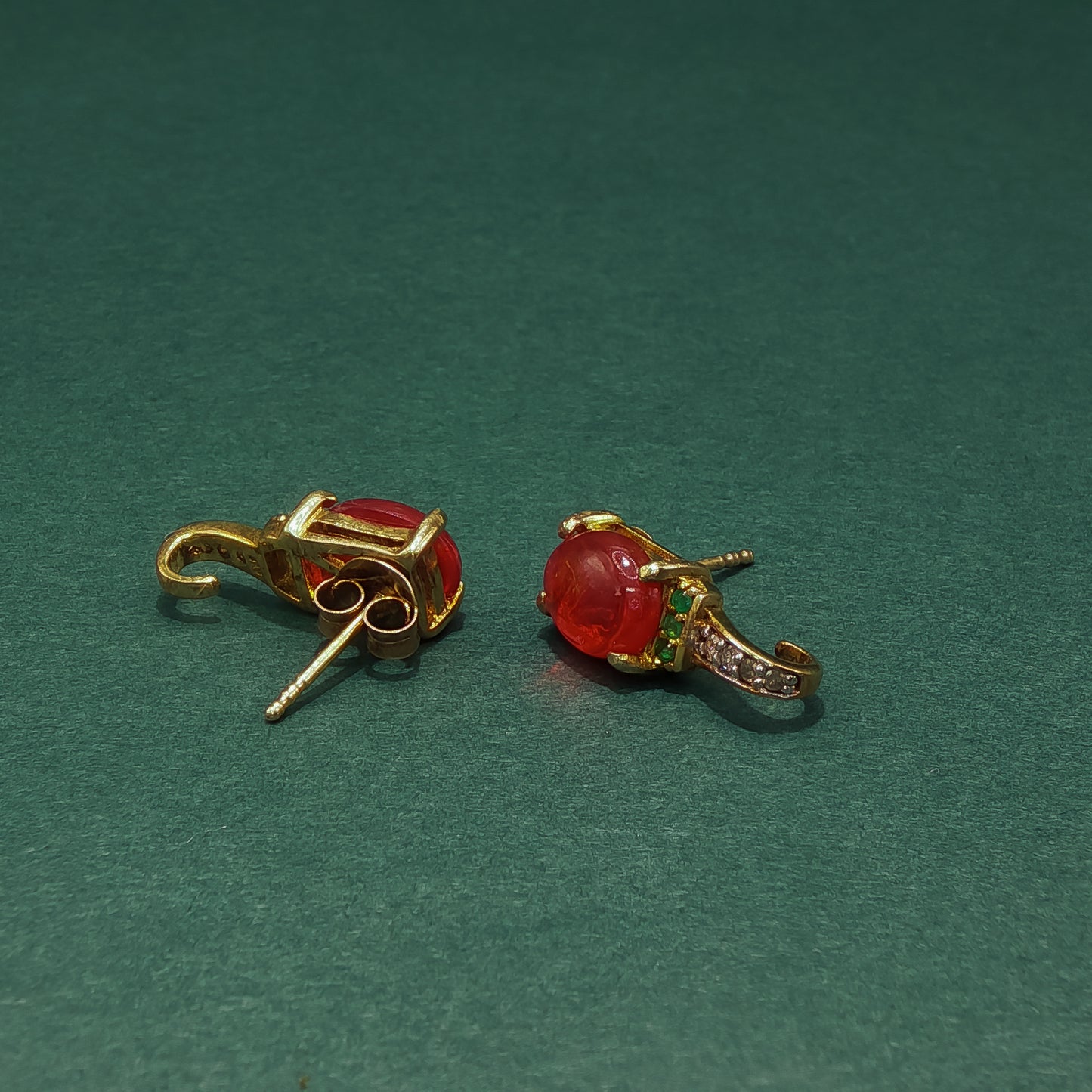 Gold Stud Earrings with Cabochon Ruby