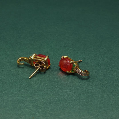Gold Stud Earrings with Cabochon Ruby