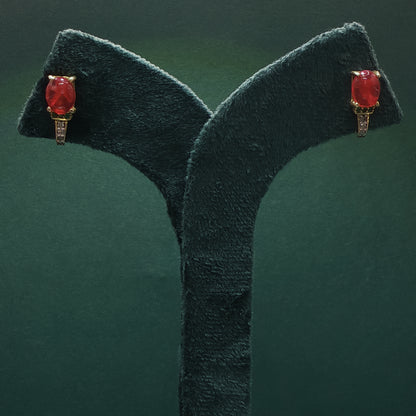 Gold Stud Earrings with Cabochon Ruby