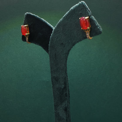 Gold Stud Earrings with Cabochon Ruby