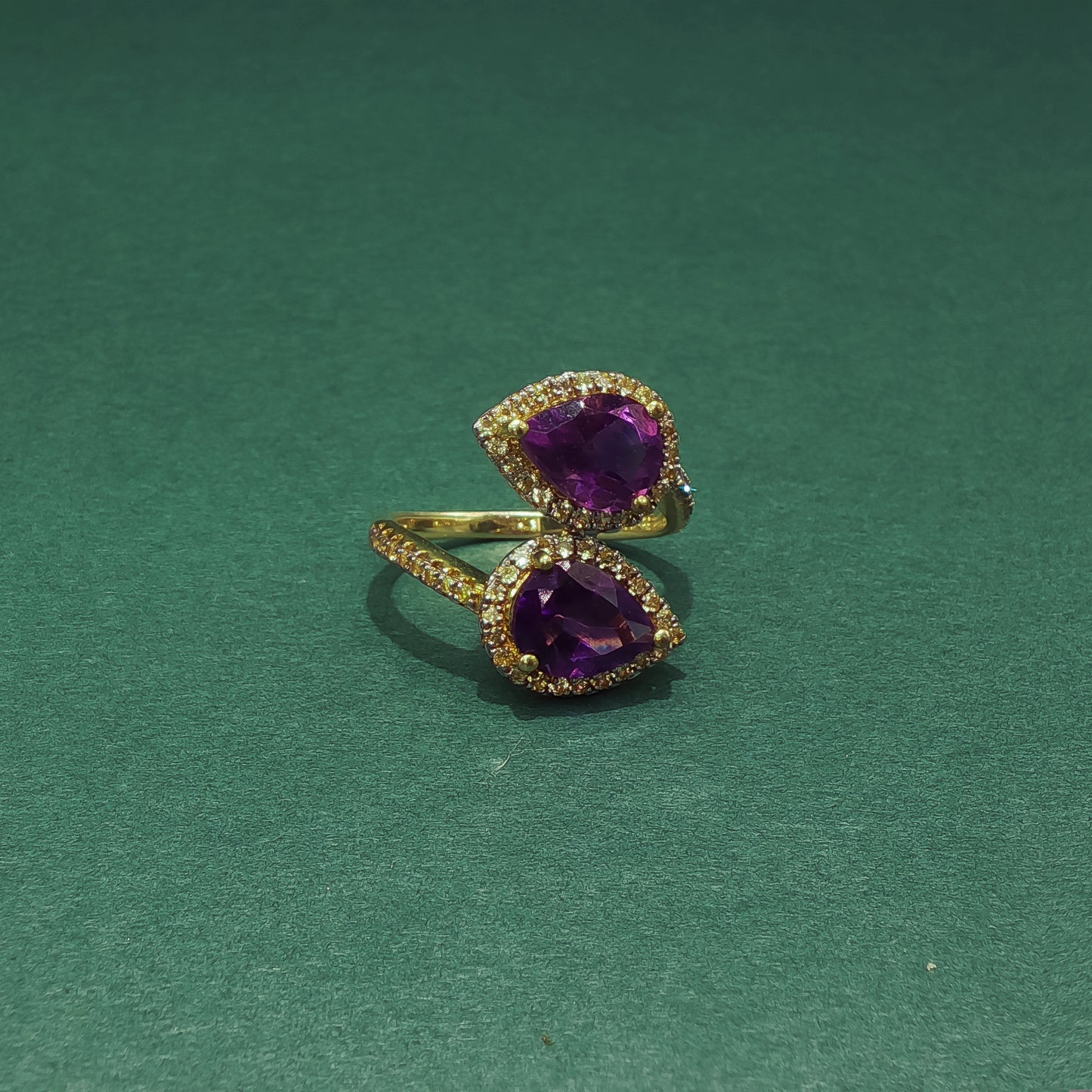 Gold Ring with Pear Cut Cabochon Amethysts