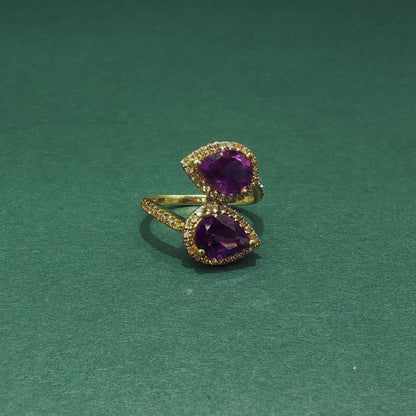 Gold Ring with Pear Cut Cabochon Amethysts