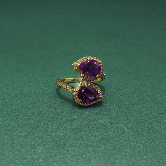 Gold Ring with Pear Cut Cabochon Amethysts