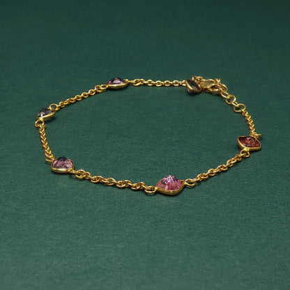 Yellow Gold Chain Bracelet with Reddish-Purple Tourmaline Gemstones