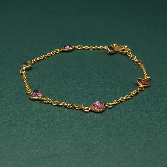 Yellow Gold Chain Bracelet with Reddish-Purple Tourmaline Gemstones