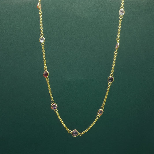 Yellow Gold Chain Necklace with Round Cabochon Amethysts