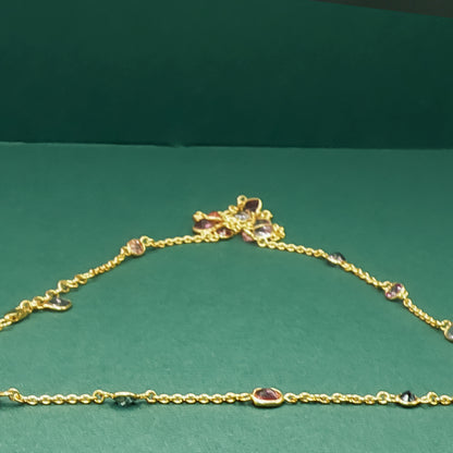 Yellow Gold Chain Necklace with Round Cabochon Amethysts