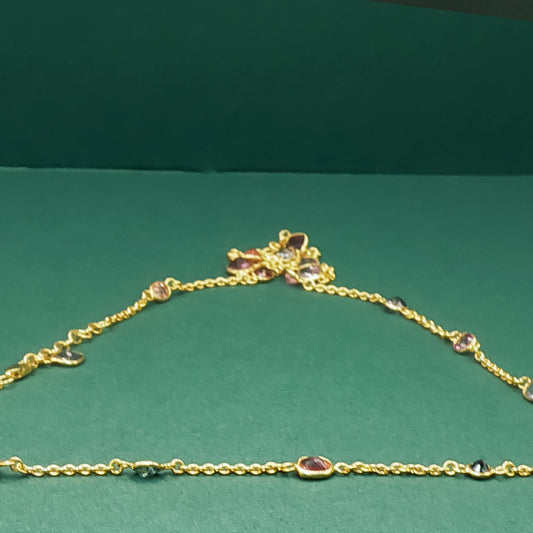 Yellow Gold Chain Necklace with Round Cabochon Amethysts