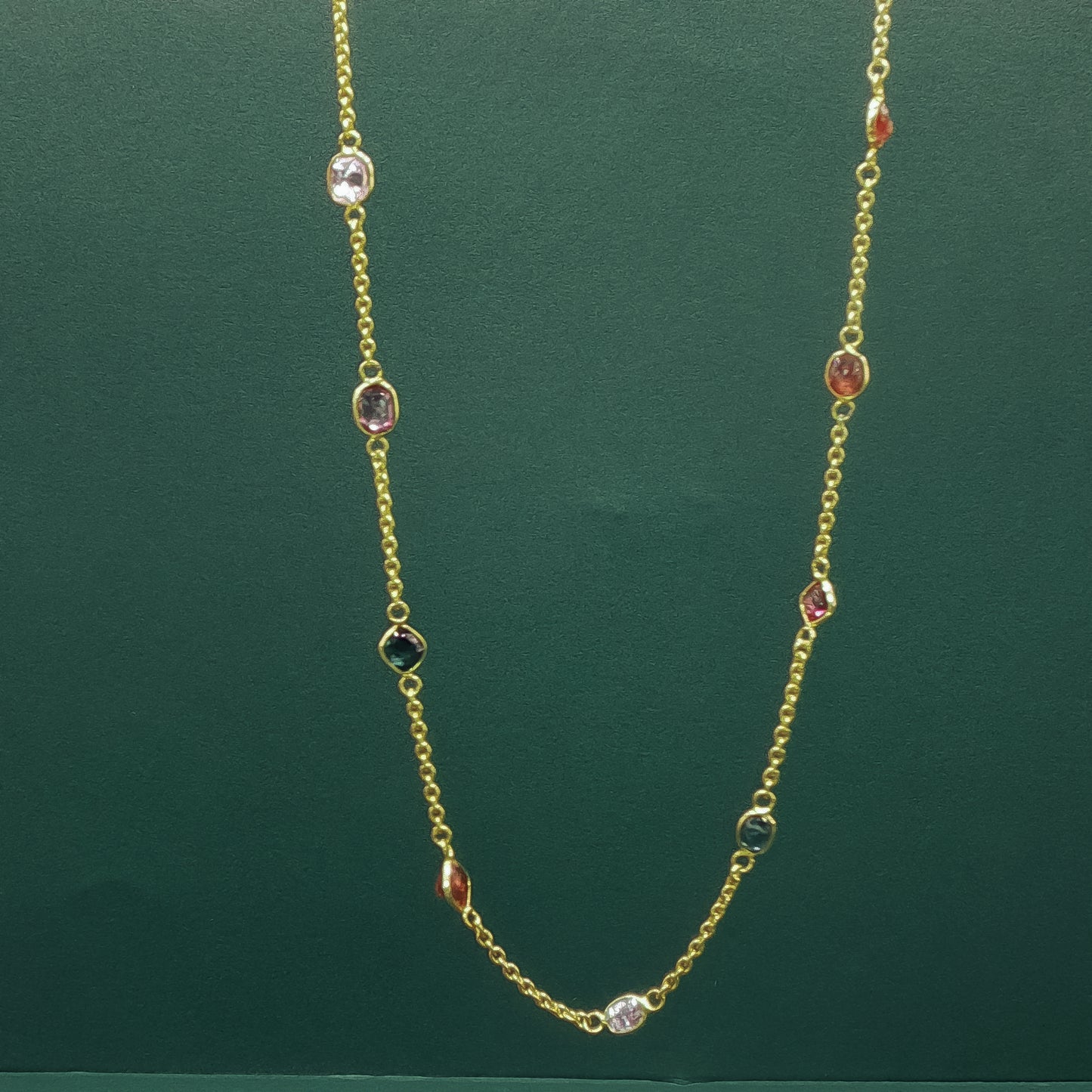 Yellow Gold Chain Necklace with Cabochon Ruby Accents