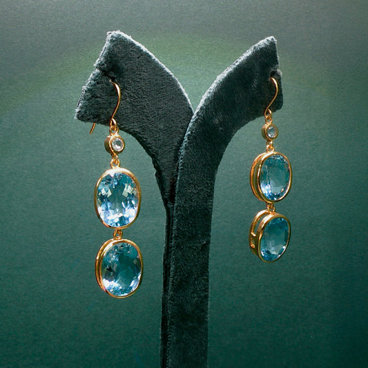 Pair of earrings with blue gemstones on a green stand

