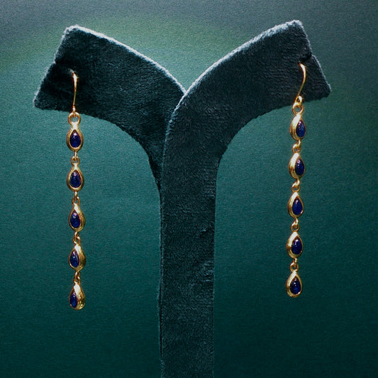 Gold earrings with blue stones on a green velvet stand