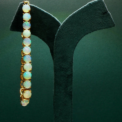 Opal earrings on a black stand against a green background