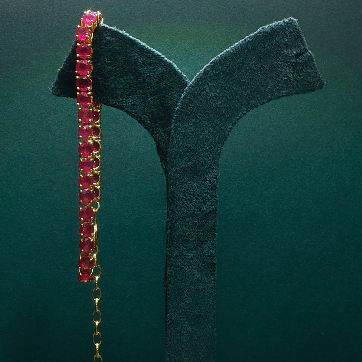 Gold Tennis Bracelet with Cabochon Cut Red Ruby Gemstones