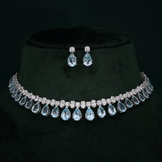 Aqua Elegance Teardrop Choker Set on a green velvet stand