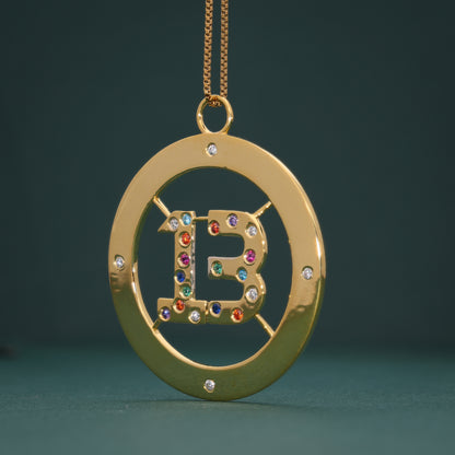 Gold "13" Pendant with Vibrant Color Stones