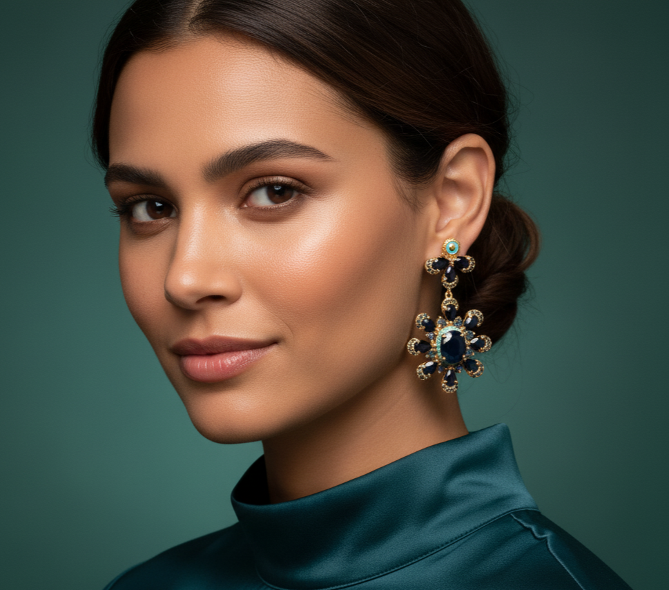 Gold Dangle Earrings with Deep Purple Oval Sapphire Cabochons