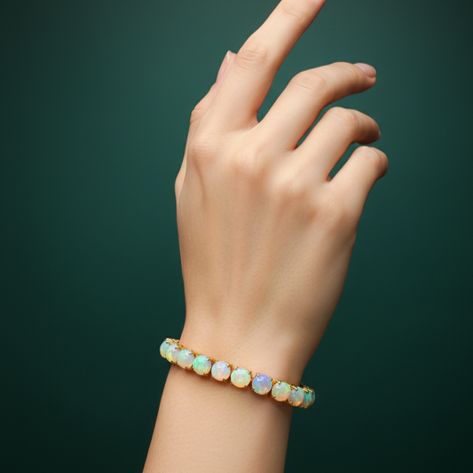 Gold Tennis Bracelet with Round Cabochon Opal Accents