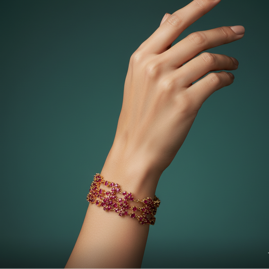 Gold Chain Bracelet with Cabochon Ruby Gemstones