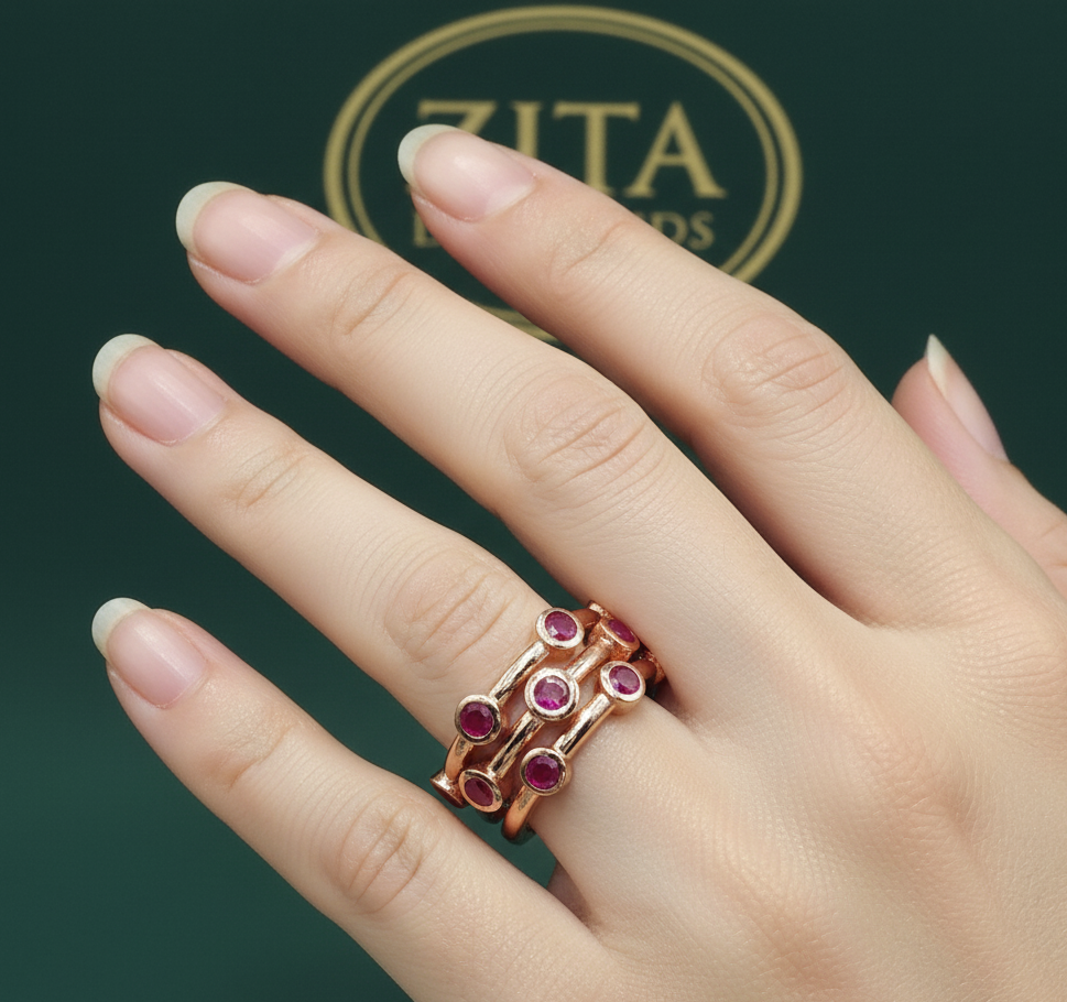 Gold Multi-Stone Ring with Round Red Ruby Cabochons
