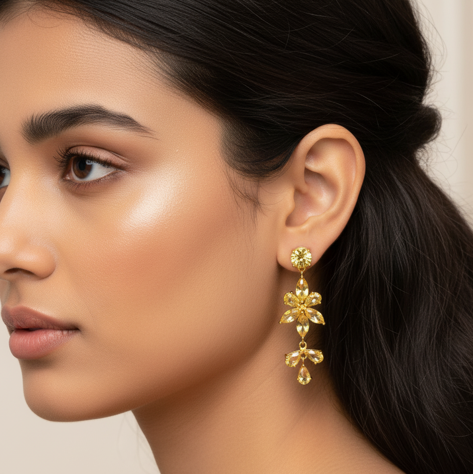 Gold Dangle Earrings with Pear-Shaped Yellowish-Orange Topaz Gemstones