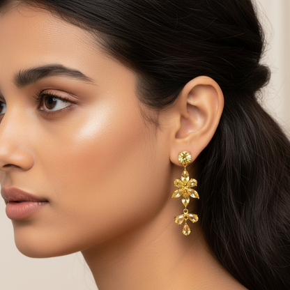 Gold Dangle Earrings with Pear-Shaped Yellowish-Orange Topaz Gemstones