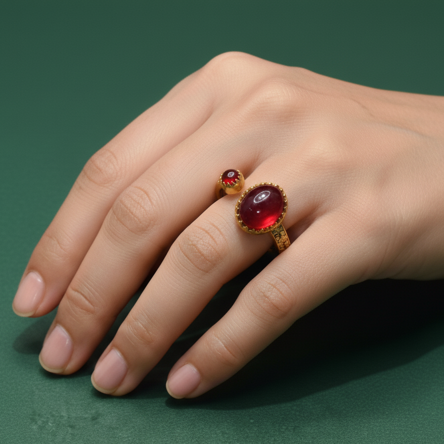 Gold Multistone Ring with Red Ruby Cabochon