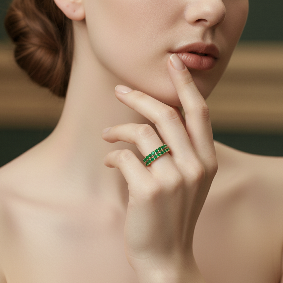 Gold Eternity Ring with Oval Emerald Cabochons