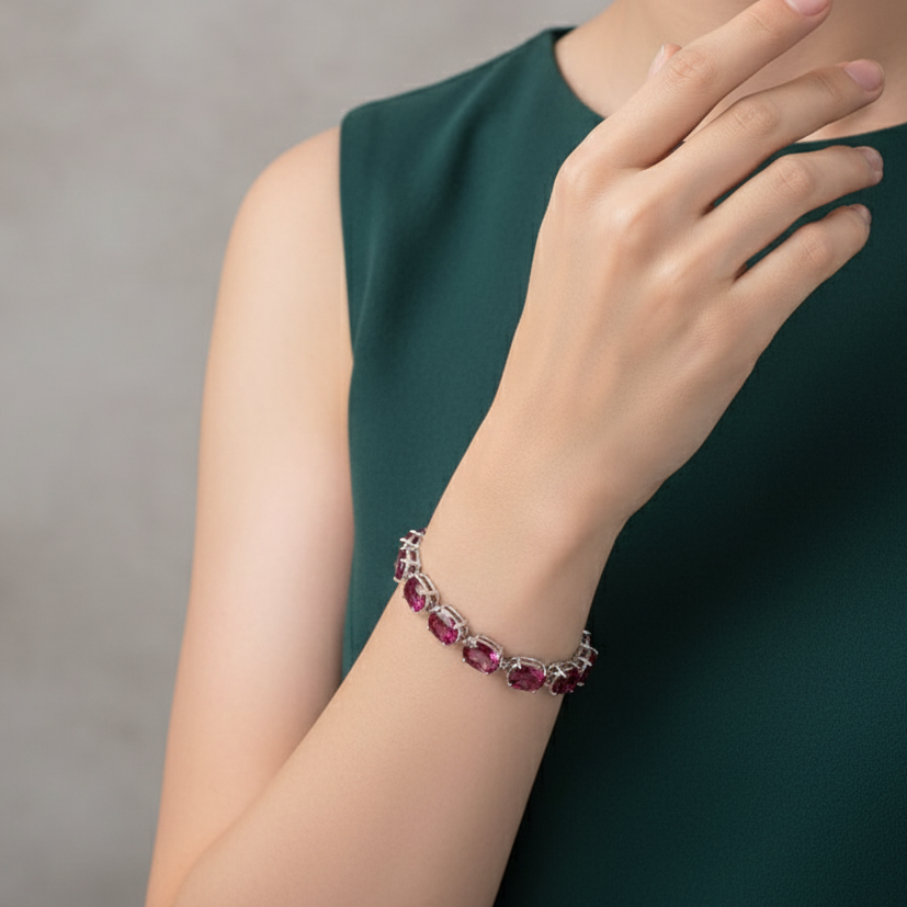 Sterling Silver Tennis Bracelet with Purplish-Red Ruby Cabochons