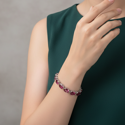 Sterling Silver Tennis Bracelet with Purplish-Red Ruby Cabochons