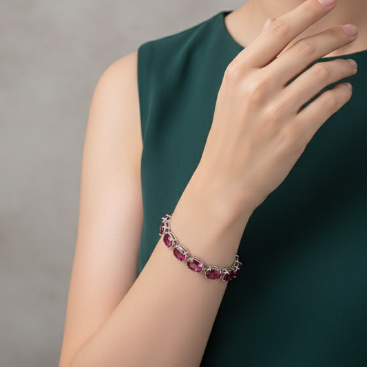 Sterling Silver Tennis Bracelet with Purplish-Red Ruby Cabochons