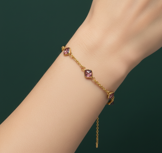 Yellow Gold Chain Bracelet with Reddish-Purple Tourmaline Gemstones