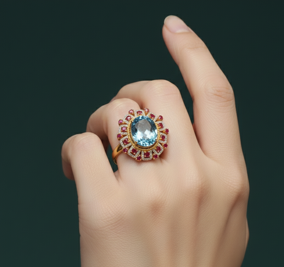 Oval Cabochon Aquamarine Pendant in Yellow Gold