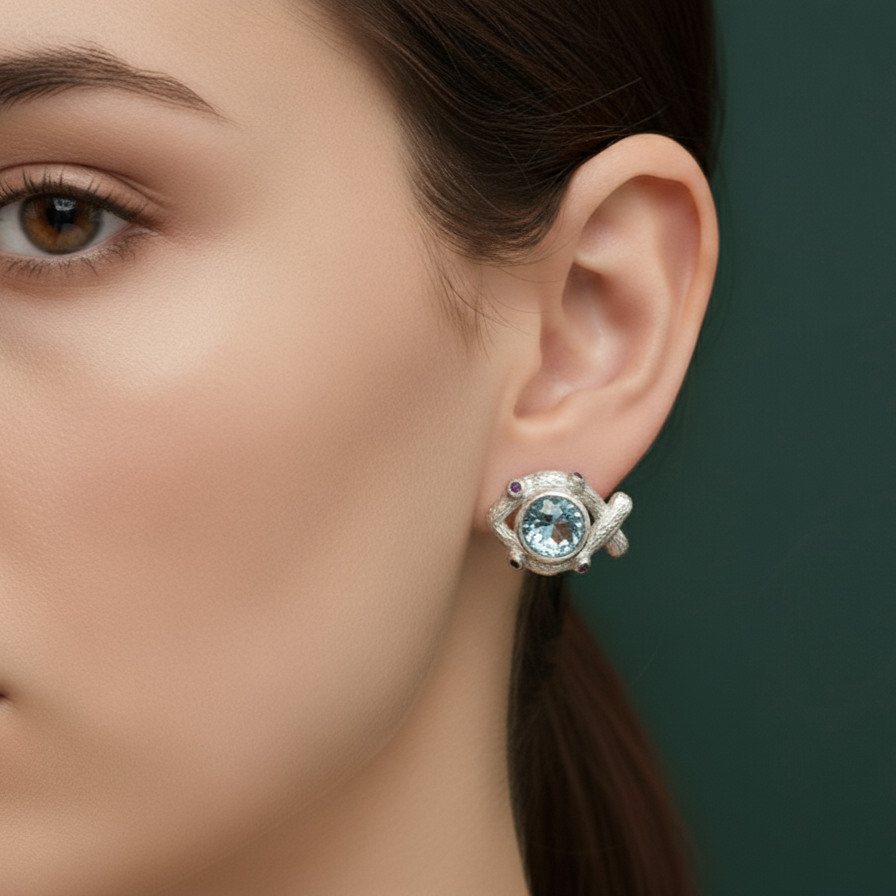 Sterling Silver Stud Earrings with Cabochon Aquamarines