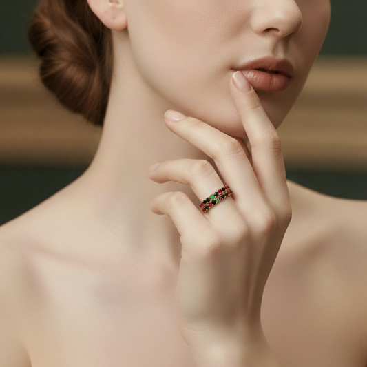 Gold Eternity Ring with Round Cabochon Rubies