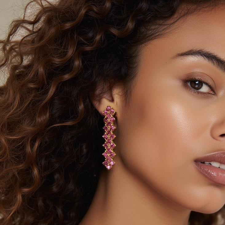 Woman wearing pink earrings with a neutral background