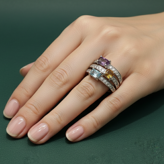 White Gold Multi-Stone Ring with Cushion-Cut Aquamarine