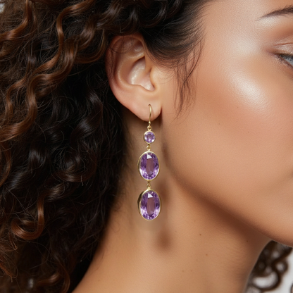 Gold Dangle Earrings with Oval Cabochon Amethysts