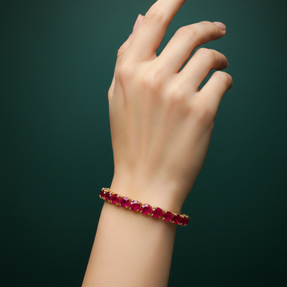 Gold Tennis Bracelet with Cabochon Cut Red Ruby Gemstones