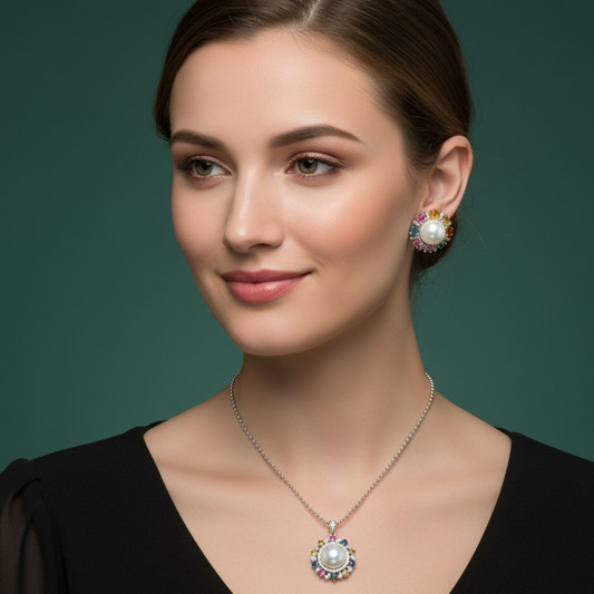 Silver Pendant set with Pearl Cabochon and Gemstone Halo