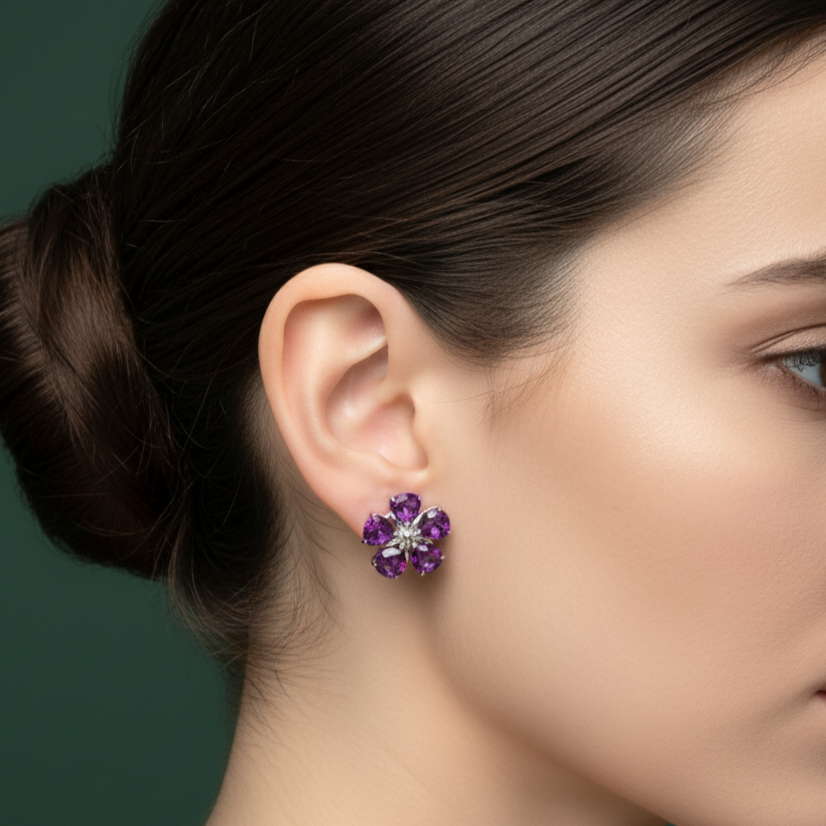 White Gold Stud Earrings with Round Cabochon Amethyst