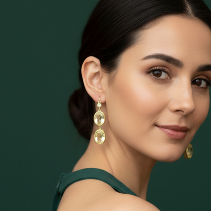 Gold Dangle Earrings with Yellowish-Orange Cabochon Quartz